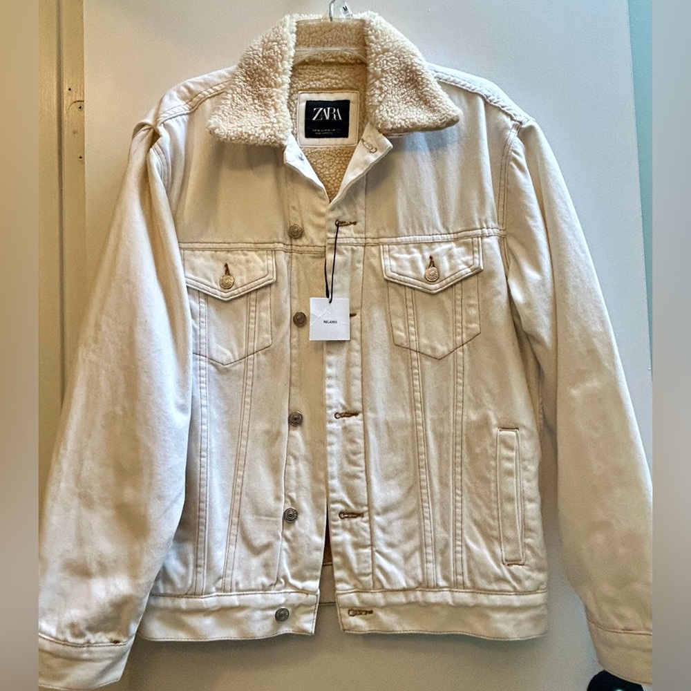 NWT Zara White Denim Sherpa Relaxed Fit 100% Cotton Jacket Oversized Jean Coat